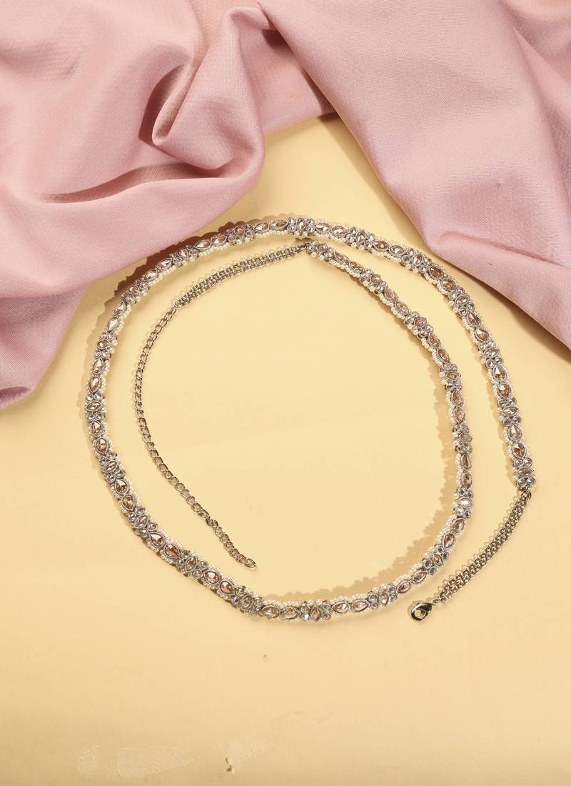 Designer oval shape and pearl brown kundan stone antique gold plated waist belt(kamarband) for women