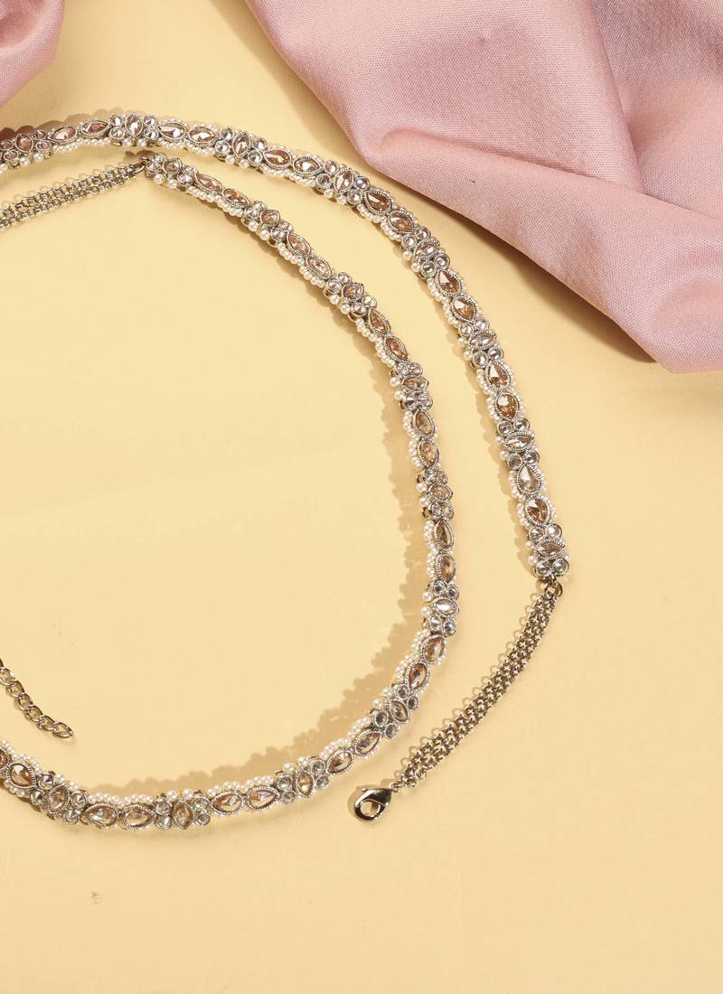 Designer oval shape and pearl brown kundan stone antique gold plated waist belt(kamarband) for women