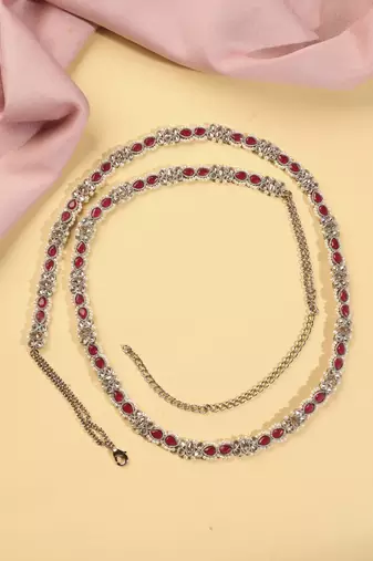 Desirable oval shape and pearl ruby kundan stone antique gold plated waist belt(kamarband) for women