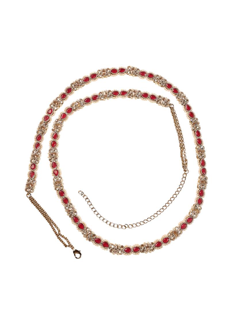 Desirable oval shape and pearl ruby kundan stone antique gold plated waist belt(kamarband) for women