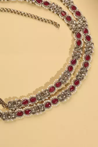 Desirable oval shape and pearl ruby kundan stone antique gold plated waist belt(kamarband) for women