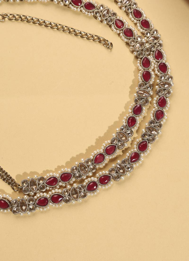 Desirable oval shape and pearl ruby kundan stone antique gold plated waist belt(kamarband) for women