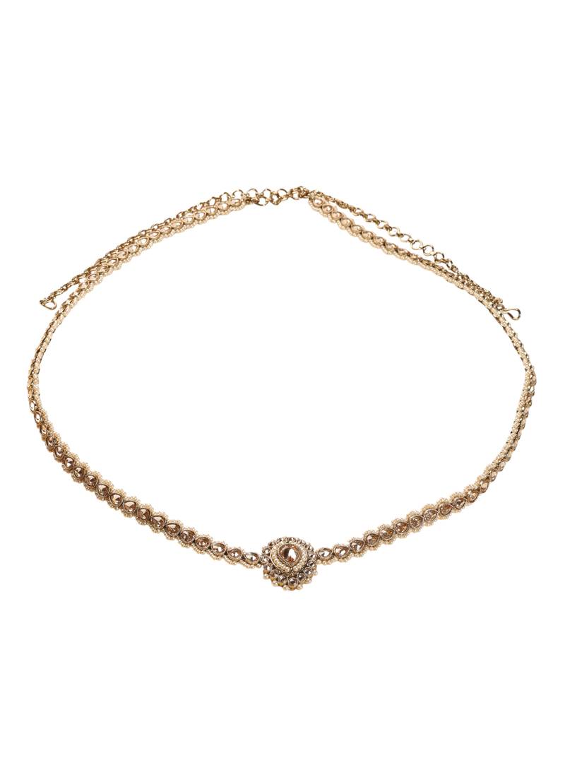 Elegant oval shape and pearl brown kundan stone antique gold plated waist belt(kamarband) for women