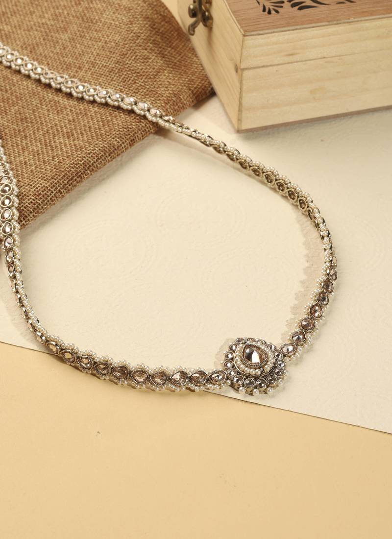 Elegant oval shape and pearl brown kundan stone antique gold plated waist belt(kamarband) for women