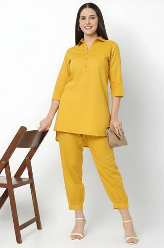 Yellow embroidered rayon kurta set