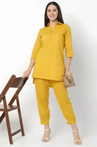 Yellow embroidered rayon kurta set