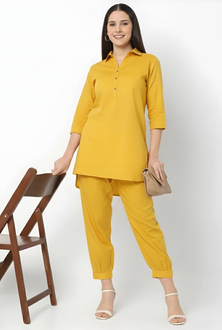 Yellow embroidered rayon kurta set