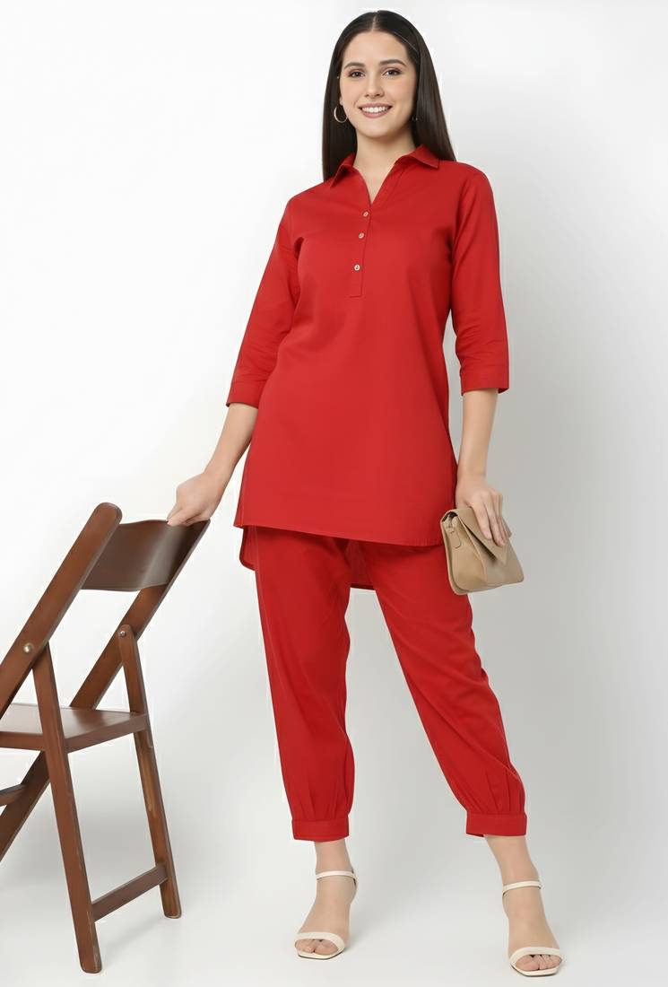 Red embroidered rayon kurta set