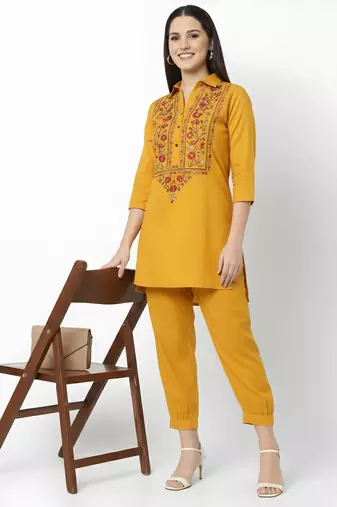 Yellow embroidered rayon kurta set