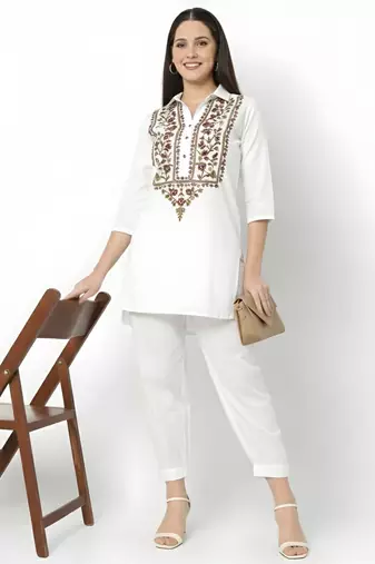 White embroidered rayon kurta set