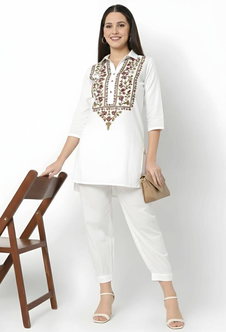 White embroidered rayon kurta set