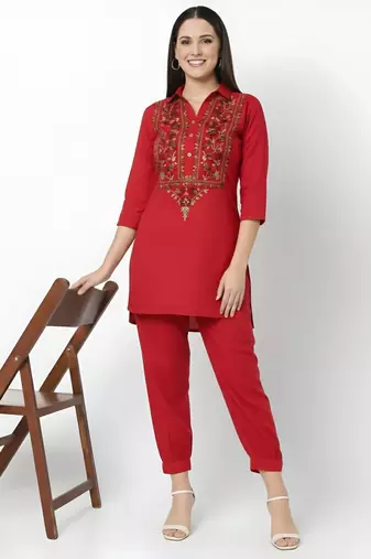 Red embroidered rayon kurta set
