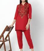 Red embroidered rayon kurta set