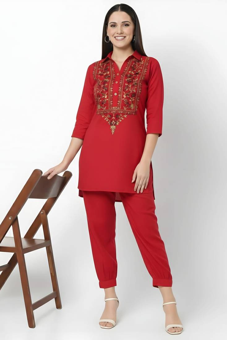 Red embroidered rayon kurta set