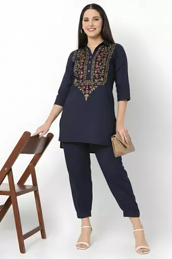 Navy embroidered rayon kurta set