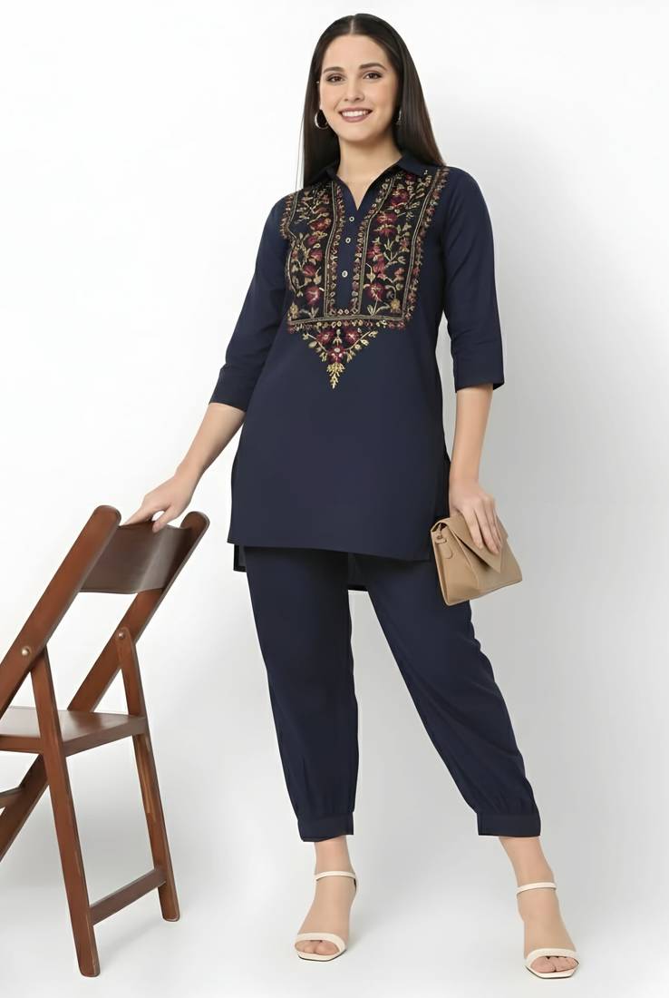 Navy embroidered rayon kurta set