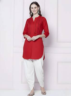 Red embroidered rayon kurta with dhoti pant 1