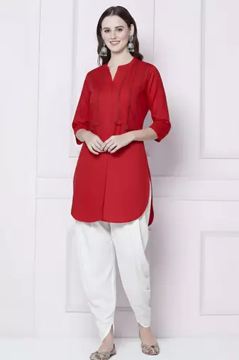 Red embroidered rayon kurta with dhoti pant