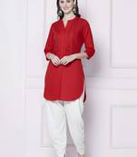 Red embroidered rayon kurta with dhoti pant