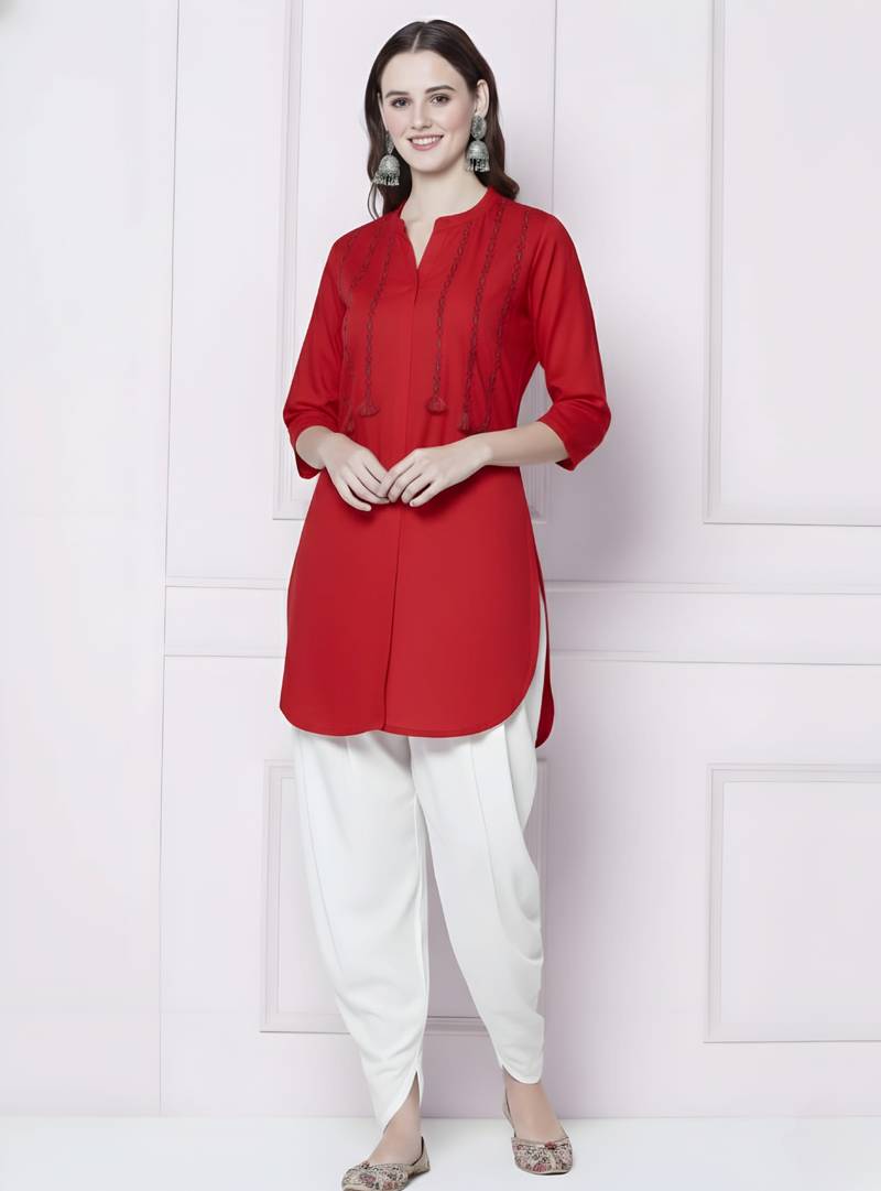 Red embroidered rayon kurta with dhoti pant