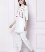 White embroidered rayon kurta with dhoti pant