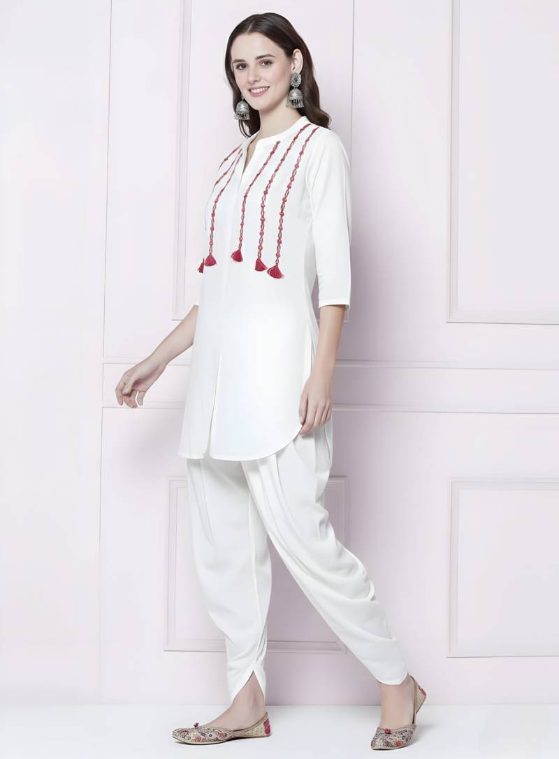 White embroidered rayon kurta with dhoti pant