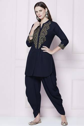 Navy plain rayon kurta with dhoti pant