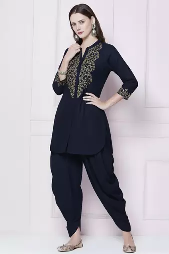 Navy plain rayon kurta with dhoti pant