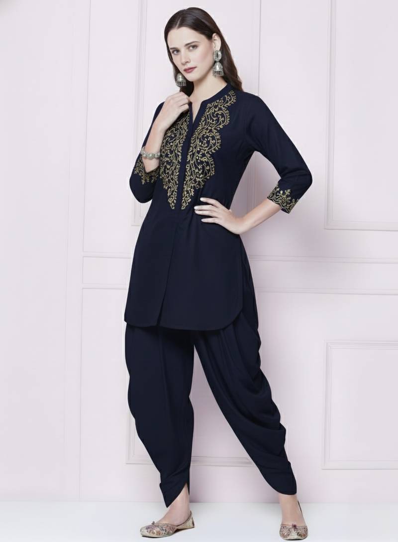 Navy plain rayon kurta with dhoti pant