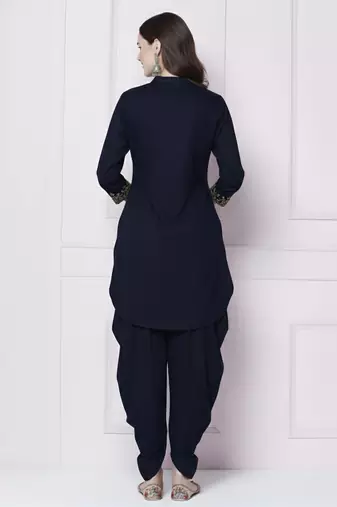 Navy plain rayon kurta with dhoti pant