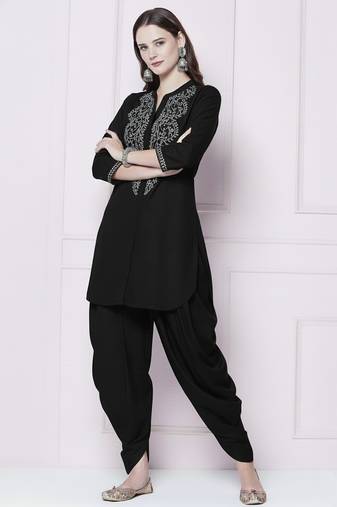 Black plain rayon kurta with dhoti pant