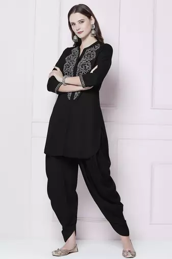 Black plain rayon kurta with dhoti pant
