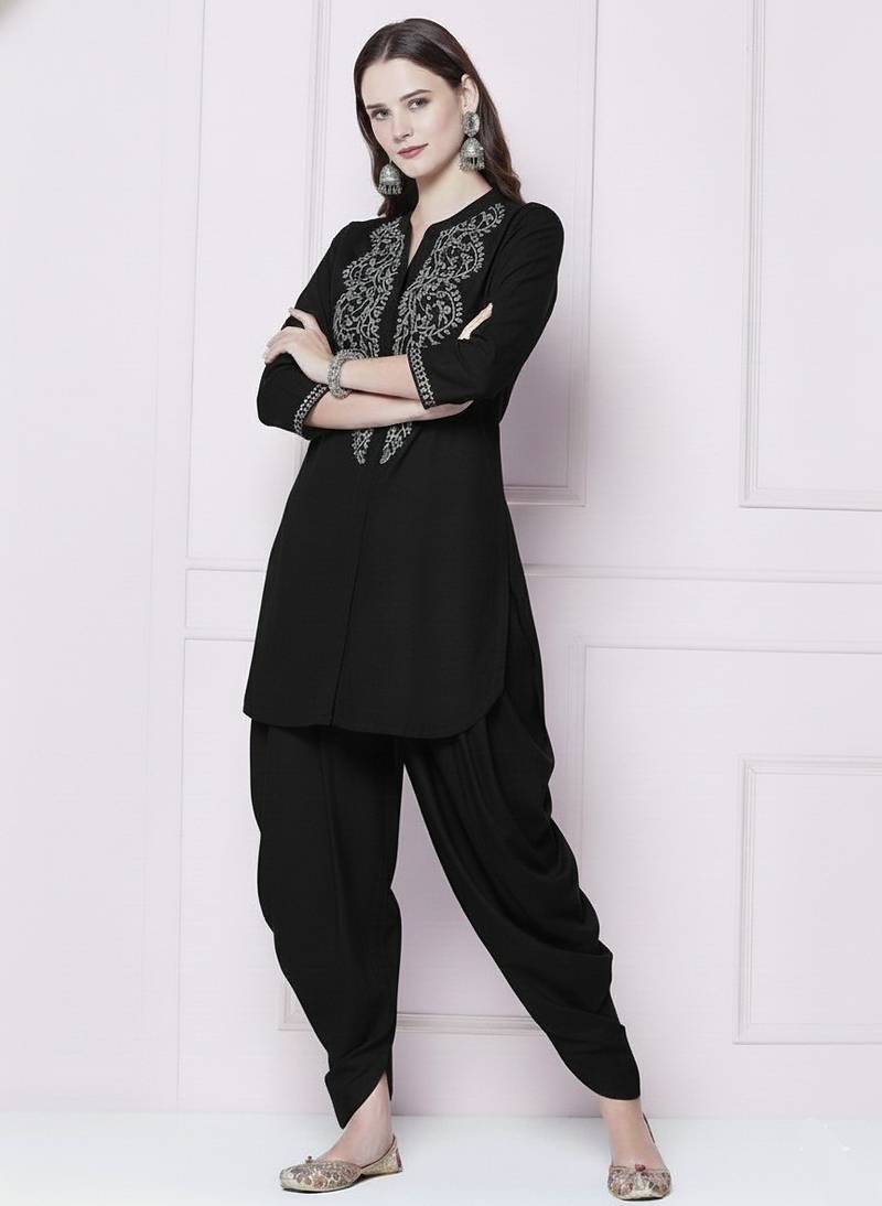 Black plain rayon kurta with dhoti pant