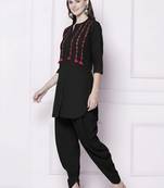 Black embroidered rayon kurta with dhoti pant