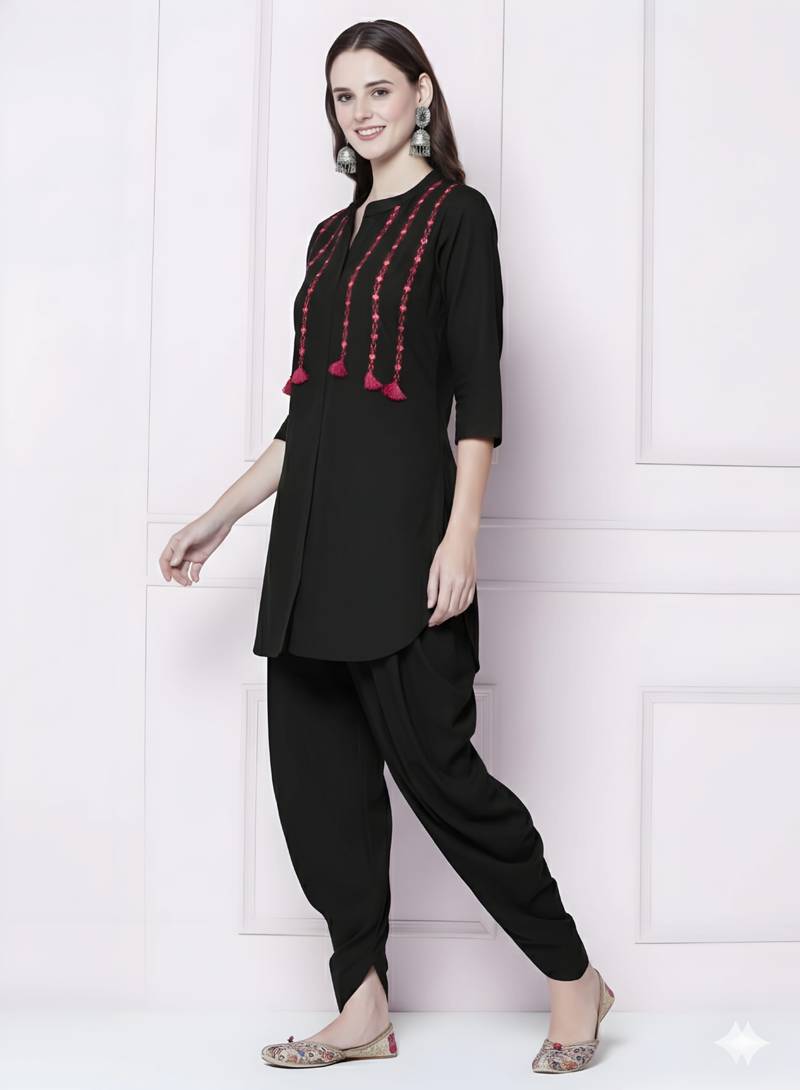 Black embroidered rayon kurta with dhoti pant