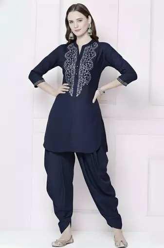 Navy embroidered rayon kurta with dhoti pant