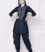 Navy embroidered rayon kurta with dhoti pant