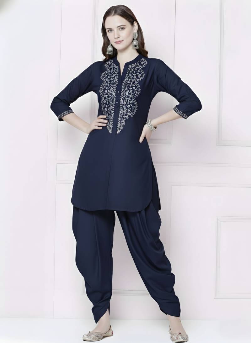 Navy embroidered rayon kurta with dhoti pant