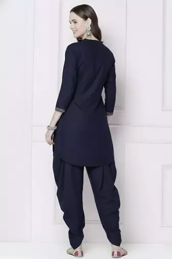 Navy embroidered rayon kurta with dhoti pant
