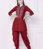 Red embroidered rayon kurta with dhoti pant