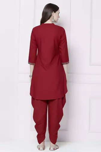 Red embroidered rayon kurta with dhoti pant
