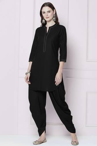 Black embroidered rayon kurta with dhoti pant