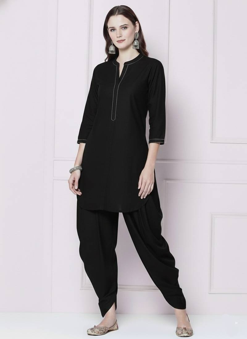 Black embroidered rayon kurta with dhoti pant