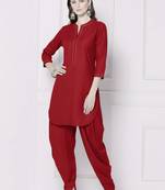 Red embroidered rayon kurta with dhoti pant