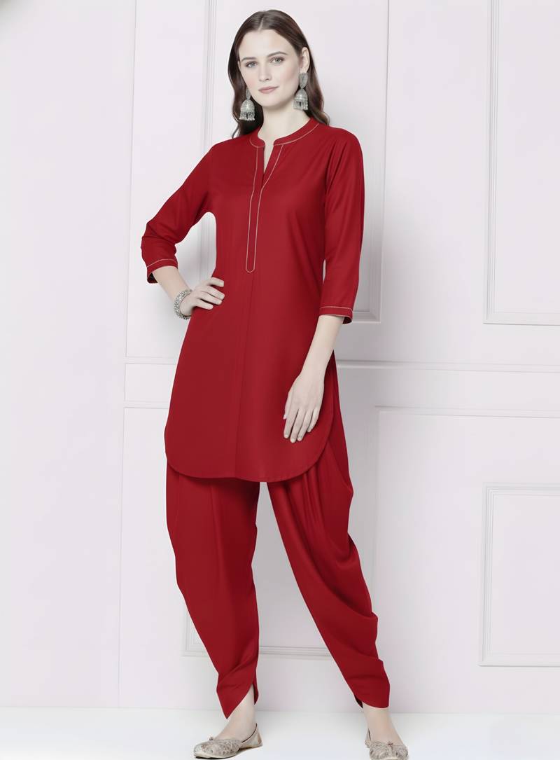 Red embroidered rayon kurta with dhoti pant