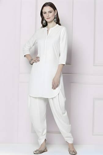 White embroidered rayon kurta with dhoti pant