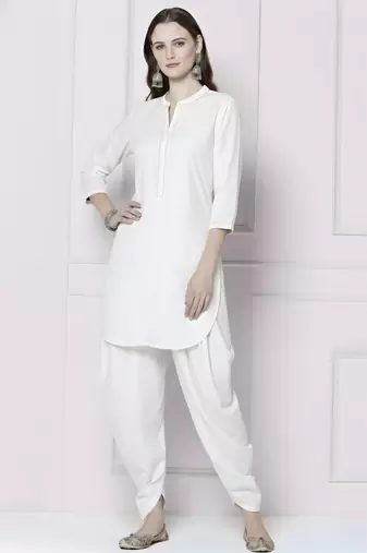 White embroidered rayon kurta with dhoti pant