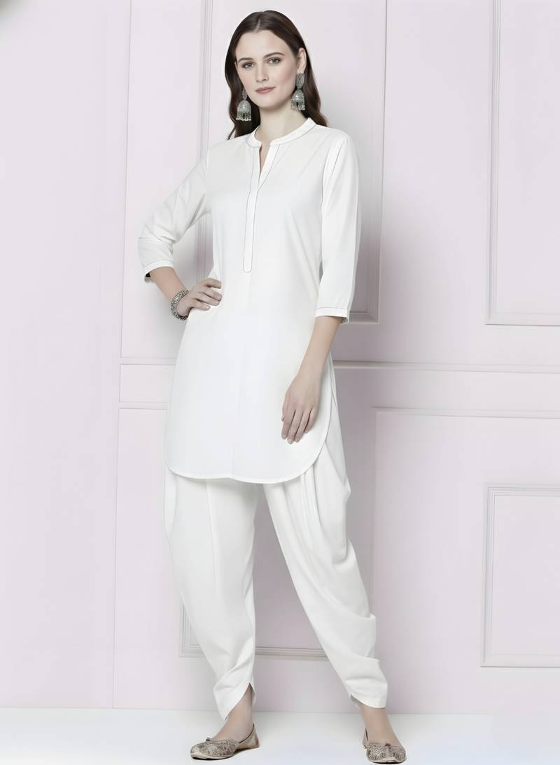 White embroidered rayon kurta with dhoti pant