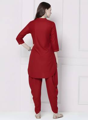 Red embroidered rayon kurta with dhoti pant 2