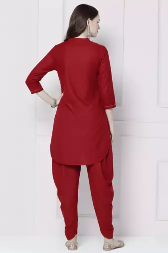 Red embroidered rayon kurta with dhoti pant